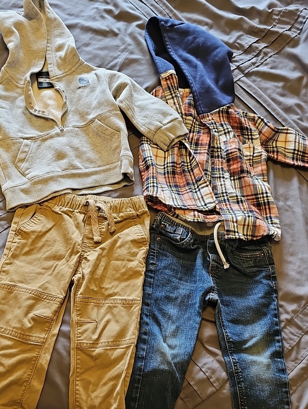 2T Cat & Jack Pants, Navy Hood Plaid Shirt, Carhartt Sweatshirt
